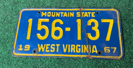 1 X Vintage 1967 West Virginia Mountain State License Plate