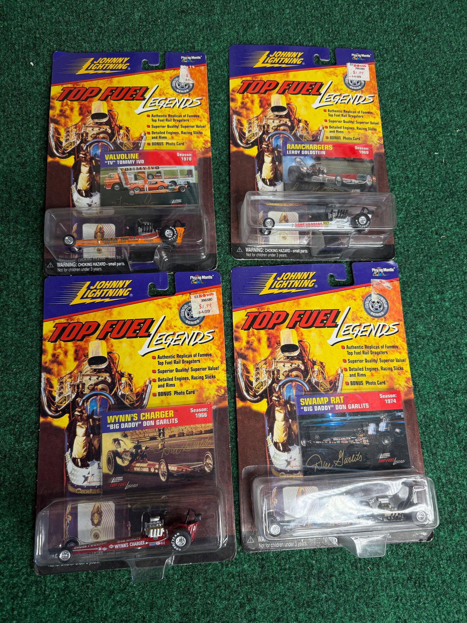4 Johnny Lightning Top Fuel Legends Dragster Replicas: Boxes show slight wear and tear and dust from storage.