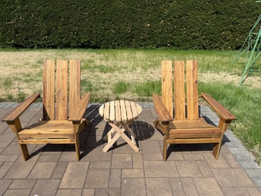 Pair of Folding Wood Outdoor Patio Adirondack Chairs and folding table