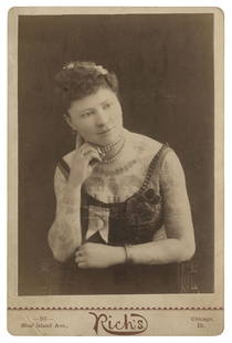 Cabinet Card of Tattooed Lady Lulu Baum (Chicago, ca. 1890): Cabinet Card of Tattooed Lady Lulu Baum (Chicago, ca. 1890) Photograph by Rich’s, 95 Blue Island Ave., Chicago, Illinois, ca. 1890. Albumen print on card mount. Verso inscribed in graphite