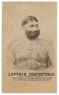 CDV of Tattooed Man Captain George Costentenus (Probably New York, ca. 1876): CDV of Tattooed Man Captain George Costentenus (Probably New York, ca. 1876) Depicting an original broadside for P. T. Barnum’s first tattooed attraction, reading “Captain Costentenus,