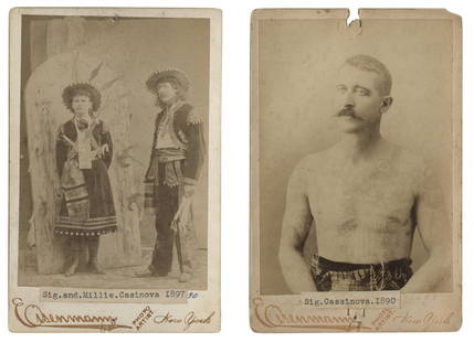 Two Cabinet Cards of Tattooed Man Signor Cassinora (New York, ca. 1890): Two Cabinet Cards of Tattooed Man Signor Cassinora (New York, ca. 1885) One showing him performing a knife throwing act with his wife Millie, who was also a tattooed lady. Photographs by Charles