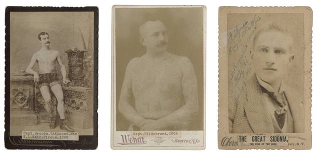 Three Cabinet Cards of Tattooed Men (New York and New Jersey, ca. 1890): Three Cabinet Cards of Tattooed Men (New York and New Jersey, ca. 1890) Including a plain clothed Tom Sidonia by Obermuller and Kern, New York, ca. 1890; Captain William Brooks by Charlies Eisenmann,