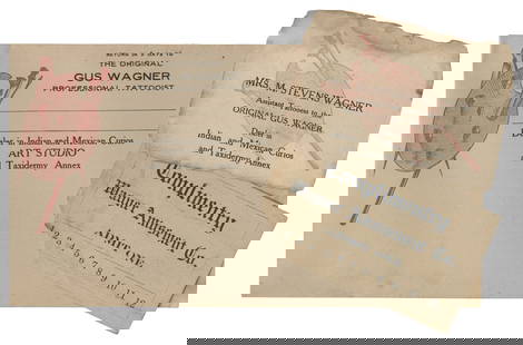 Maude Wagner Tattoo Business Card and Other Ephemera (American, ca. 1910): Maude Wagner Tattoo Business Card and Other Ephemera (American, ca. 1910) Three items, including a business card for Maude Wagner (1877-1961), "Tattooess," with an image of her on verso,