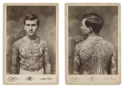 Two Cabinet Cards of Tattooed Man "Painless" Jack Tryon (New York, ca. 1905): Two Cabinet Cards of Tattooed Man "Painless" Jack Tryon (New York, ca. 1905) Depicting waist-length views of Halsey Jack Tryon (1885-1959), aka "Painless" Jack, tattooed by