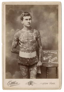 Cabinet Card of Tattooed Man "Painless" Jack Tryon (New York, ca. 1905): Cabinet Card of Tattooed Man "Painless" Jack Tryon (New York, ca. 1905) Depicting three-quarter length view of Halsey Jack Tryon (1885-1959), aka "Painless" Jack, beside a