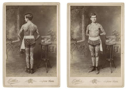 Two Cabinet Cards of Tattooed Man "Painless" Jack Tryon (New York, ca. 1905): Two Cabinet Cards of Tattooed Man "Painless" Jack Tryon (New York, ca. 1905) Depicting full-length front and back views of Halsey Jack Tryon (1885-1959), aka "Painless" Jack,