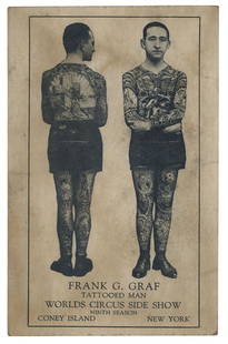 Frank Graf Tattooed Man “Pitch” Card (New York, ca. 1925): Frank Graf Tattooed Man “Pitch” Card (New York, ca. 1925) Used by Frank Graf (1888-1946), tattoo artist and tattooed man, World’s Circus Side Show, Coney Island, Brooklyn, New York,