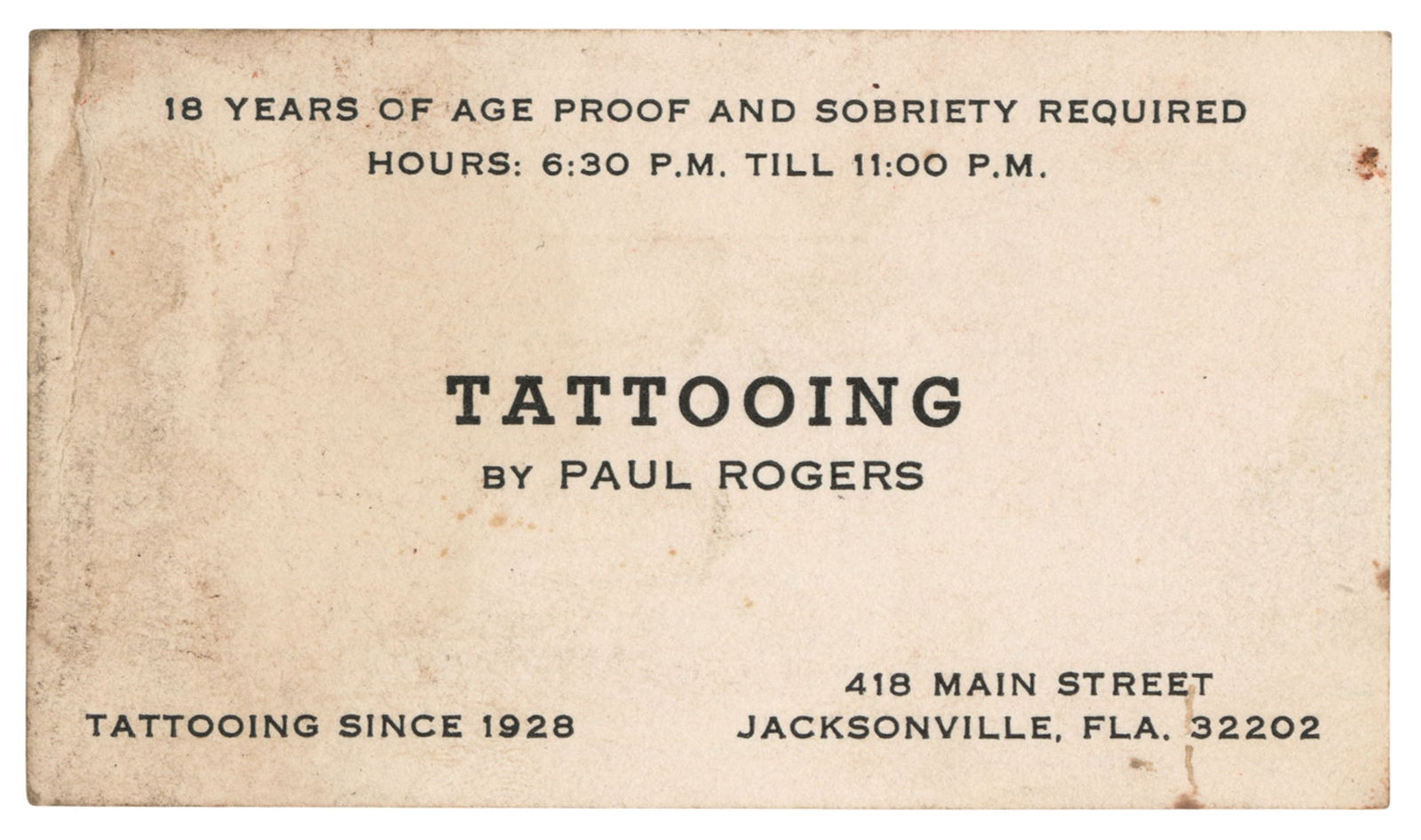 Paul Rogers Tattooing Business Card (Florida, ca. 1965) (1 of 2)