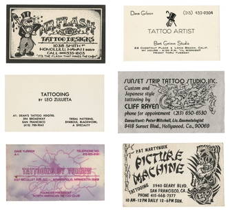 Six Business Cards From Iconic Tattoo Artists (American, 1970-1990): Six Business Cards From Iconic Tattoo Artists (American, 1970-1990) Including cards for Dave Yurkew, Minneapolis; Cliff Raven, Sunset Strip Tattoo Studio, Hollywood; Dave Gibson, Bert Grimm Studio,