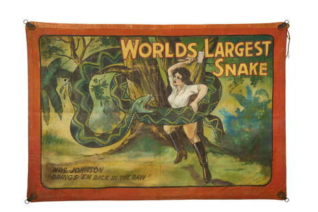 World’s Largest Snake Sideshow Banner by James Monroe Johnson (Los Angeles, ca. 1940): "World’s Largest Snake" Sideshow Banner by James Monroe Johnson(Los Angeles, ca. 1940)Painted by James Monroe Johnson (1885-1967), Los Angeles, ca. 1940. Depicting a giant snake attack
