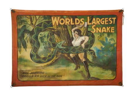 World’s Largest Snake Sideshow Banner by James Monroe Johnson (Los Angeles, ca. 1940): "World’s Largest Snake" Sideshow Banner by James Monroe Johnson (Los Angeles, ca. 1940) Painted by James Monroe Johnson (1885-1967), Los Angeles, ca. 1940. Depicting a giant snake