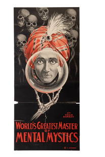 Alexander Crystal Seer Magic Poster (American, ca. 1920): "Alexander Crystal Seer" Magic Poster(American, ca. 1920)Depicting renowned magician and mentalist Claude "Alexander" Conlin (1880-1954) in red turban surrounded by skulls with a s