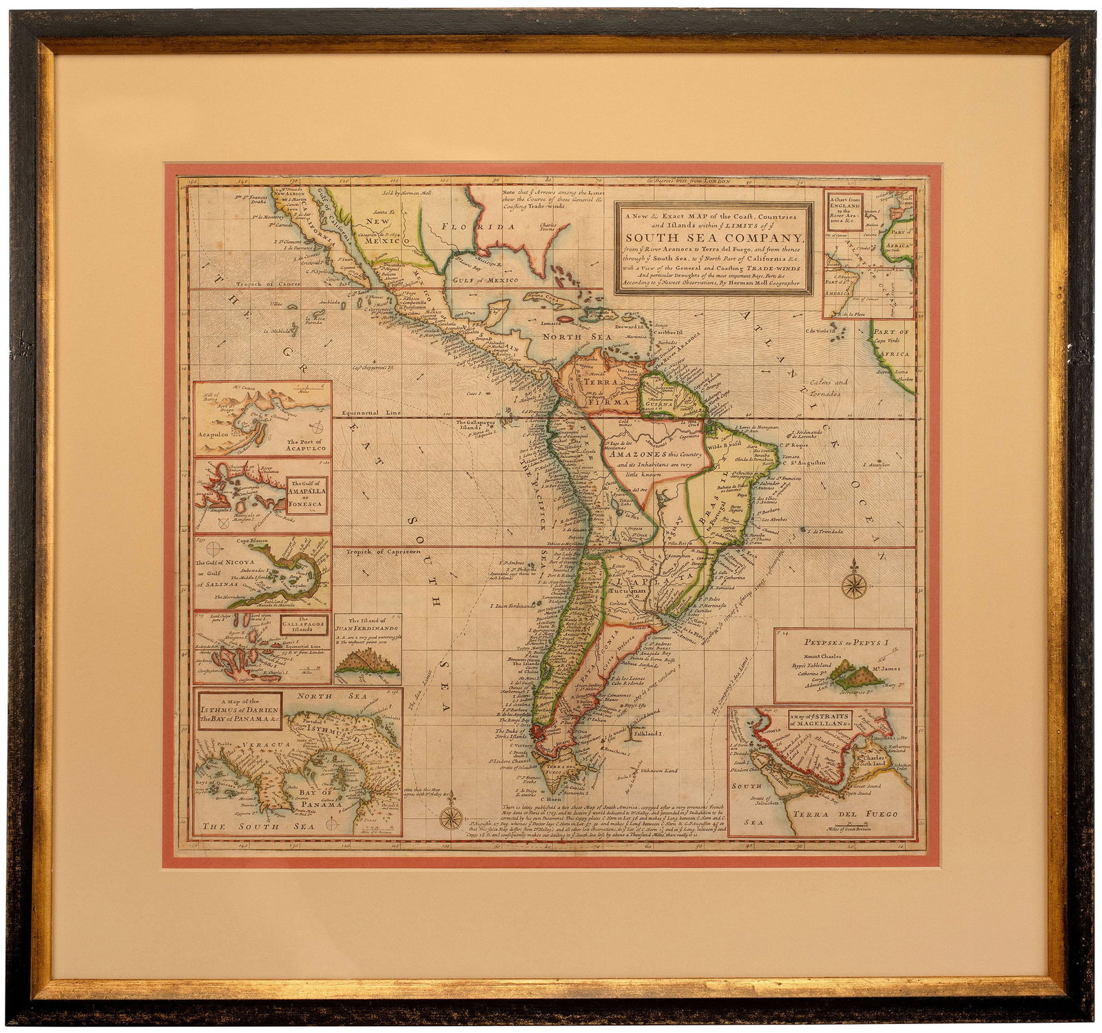 A New and Exact Map of the Coast, Countries and Islands within the, limits of the South Sea Company: A New and Exact Map of the Coast, Countries and Islands within the limits of the South Sea Company by Moll (London, 1711) "A New and Exact Map of the Coast, Countries and Islands within the limits of 
