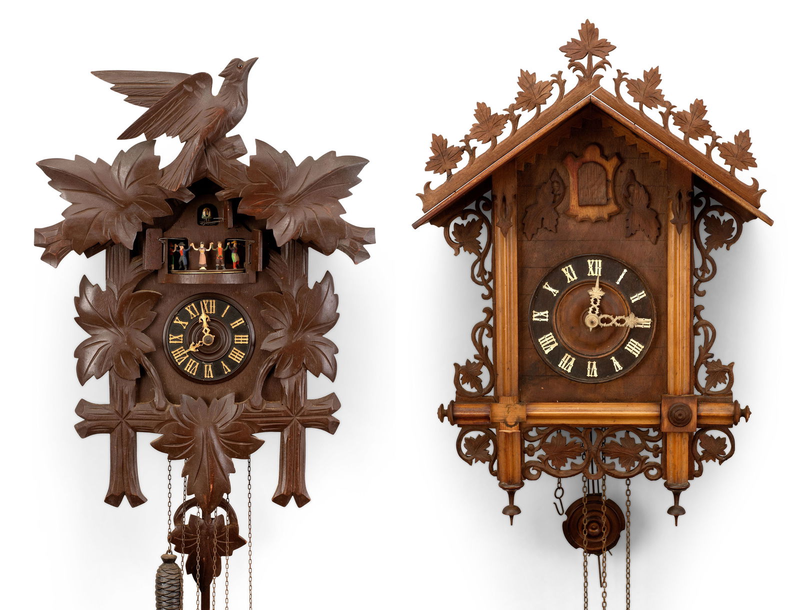 Two Black Forest Carved Cuckoo Clocks, One Musical (Germany, ca. 1915) (1 of 10)
