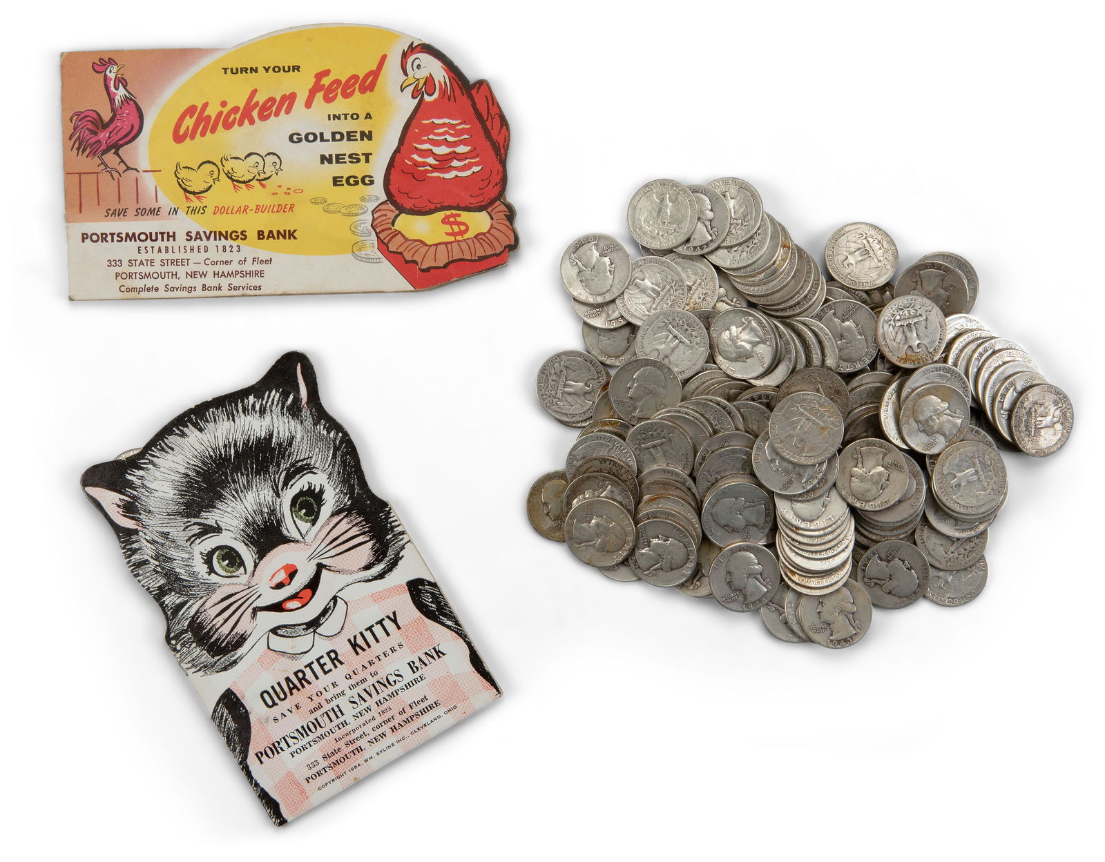 Large Group of Washington Silver Quarters, 208 Coins (U.S., 1934-1964): Large Group of Washington Silver Quarters, 208 Coins (U.S., 1934-1964) Two hundred eight (208) total coins, including sixteen (16) quarters in a Portsmouth Savings Bank coin saver (New Hampshire); twe