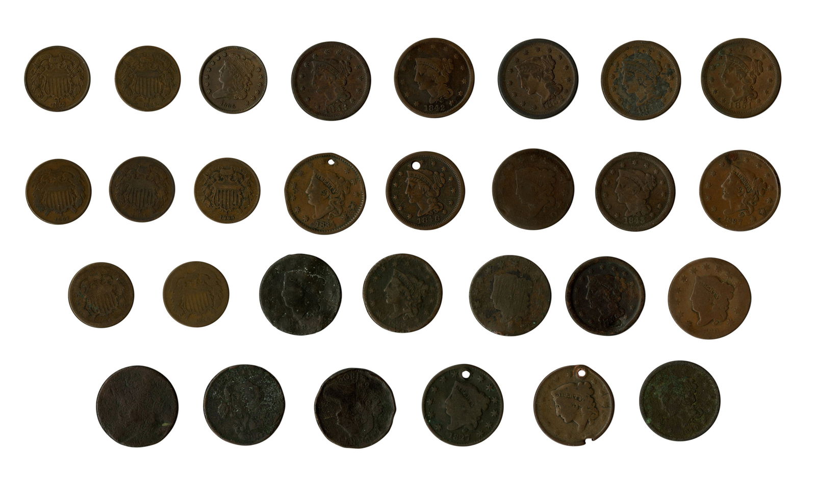 Collection of Twenty-Eight American Large Cent, Two Cent, and Half Cent Coins (U.S., 1802-1865): Collection of Twenty-Eight American Large Cent, Two Cent, and Half Cent Coins (U.S., 1802-1865) Including seventeen (17) large cents (1813-1853); three (3) 1802 Draped Bust large cents; an 1835 half c