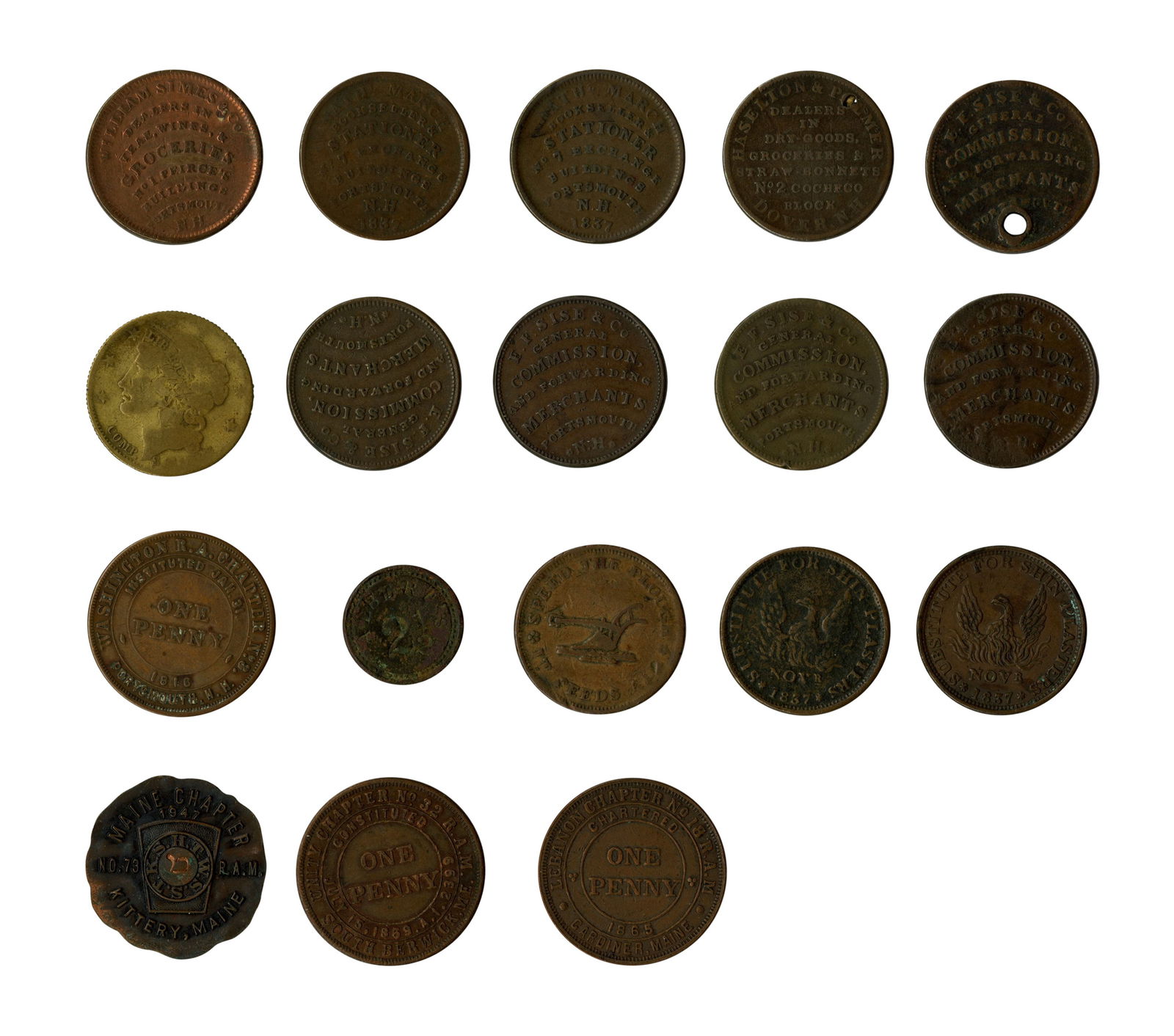 Eighteen Hard Times Tokens and Masonic Pennies (America, 1815-1950) (1 of 2)