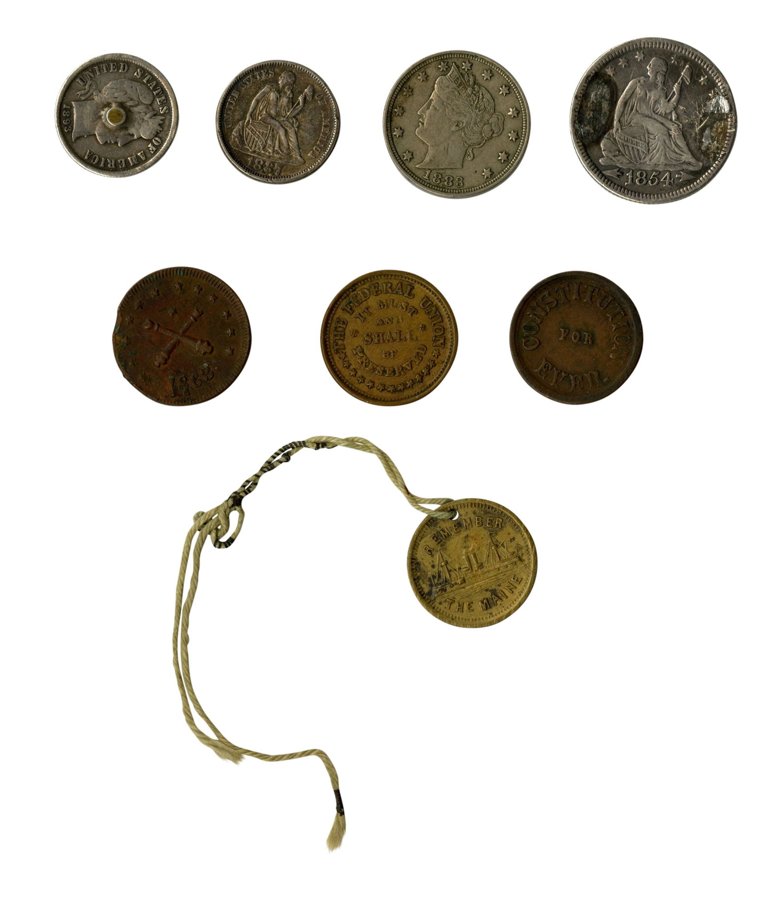 Seven Silver Coin Love Tokens and Civil War Tokens (U.S., 19th century) (1 of 2)