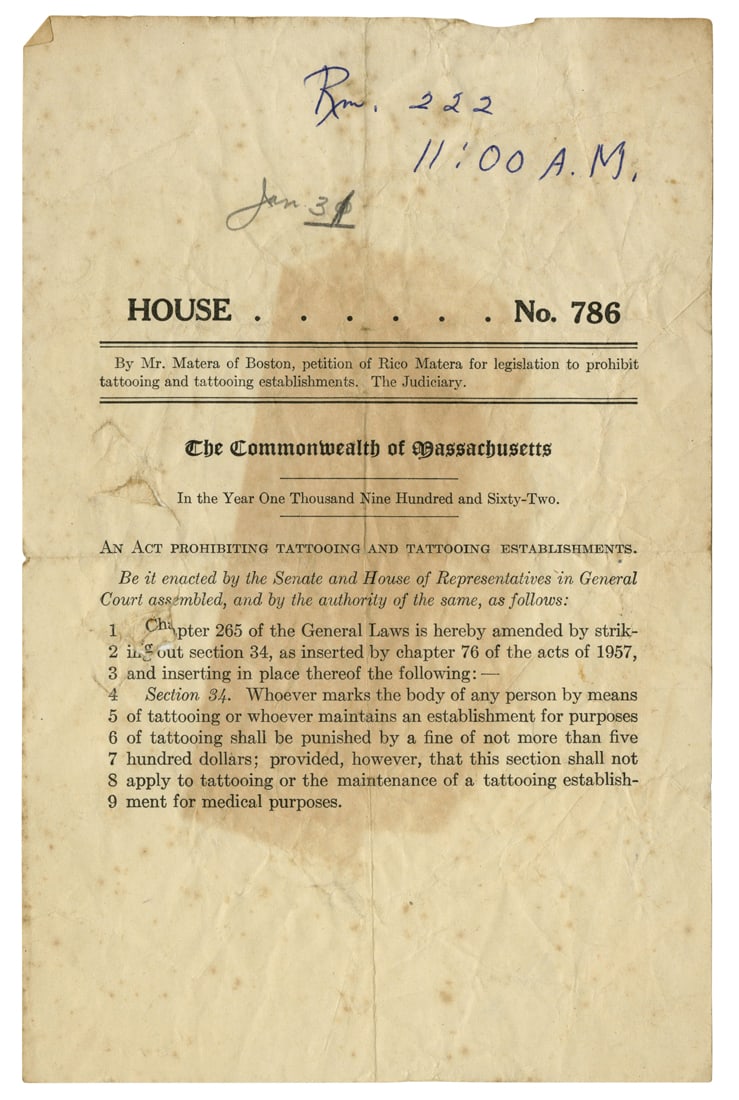 1962 Act Banning Tattooing in Massachusetts (Boston, 1962) (1 of 2)