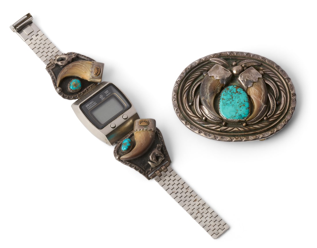Silver and Turquoise Navajo Bear Claw Belt Buckle and Watch Band (ca. 1979) (1 of 3)