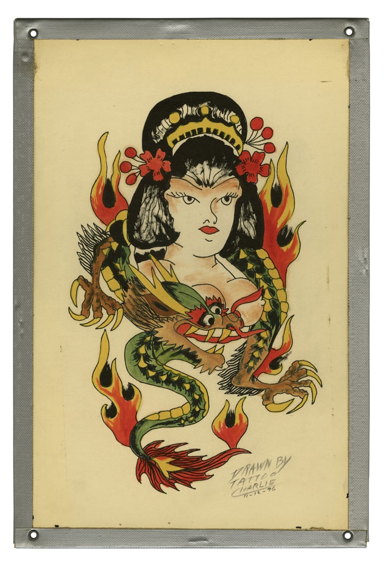 Japanese Dragon and Geisha Tattoo Design by Tattoo Charlie Geizer (Baltimore, 1976) (1 of 2)