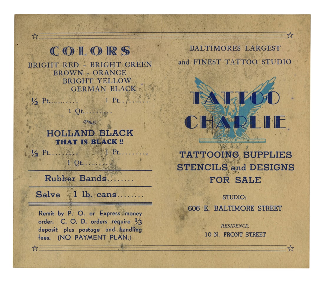 Tattoo Charlie Tattooing Supplies Card, (Baltimore, ca. 1945) (1 of 2)