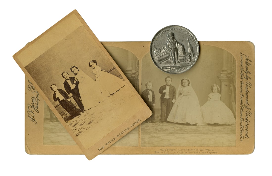 P. T. Barnum / Tom Thumb Souvenir Medal, Wedding CDV, and Stereoview (America, 19th century) (1 of 3)