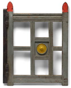 Ornamental Amusement Park Gate (Massachusetts, 19th or early 20th century): Ornamental Amusement Park Gate (Massachusetts, 19th or early 20th century). Red and yellow-painted mahogany gate with decorative finials and rondel, purportedly from Whalom Park, Lunenberg,