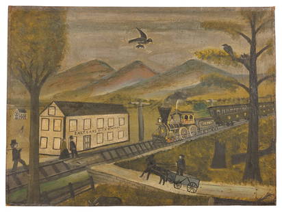 Folk Art Painting of the Salt Lake City Train Station (America, 19th century): Folk Art Painting of the Salt Lake City Train Station (America, 19th century). Charming landscape painting depicting the Salk Lake City train station and Union & Pacific Rail Road, Utah, 19th