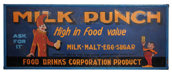 Large 'Milk Punch" Trade Sign (Utica, New York, ca. 1930): Large 'Milk Punch" Trade Sign (Utica, New York, ca. 1930). Painted metal trade sign for "Milk Punch," a beverage made by the Food Drinks Corporation, Utica, New York, ca. 1930. Featuring colorful