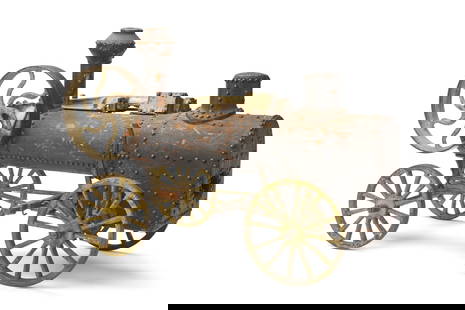 Folk Art Model Steam Engine (America, 19th century): Folk Art Model Steam Engine (America, 19th century). An impressive hand-crafted steam engine made from brass, metal and wood with hobnail rivets, America, 19th century. Yellow-painted carriage with