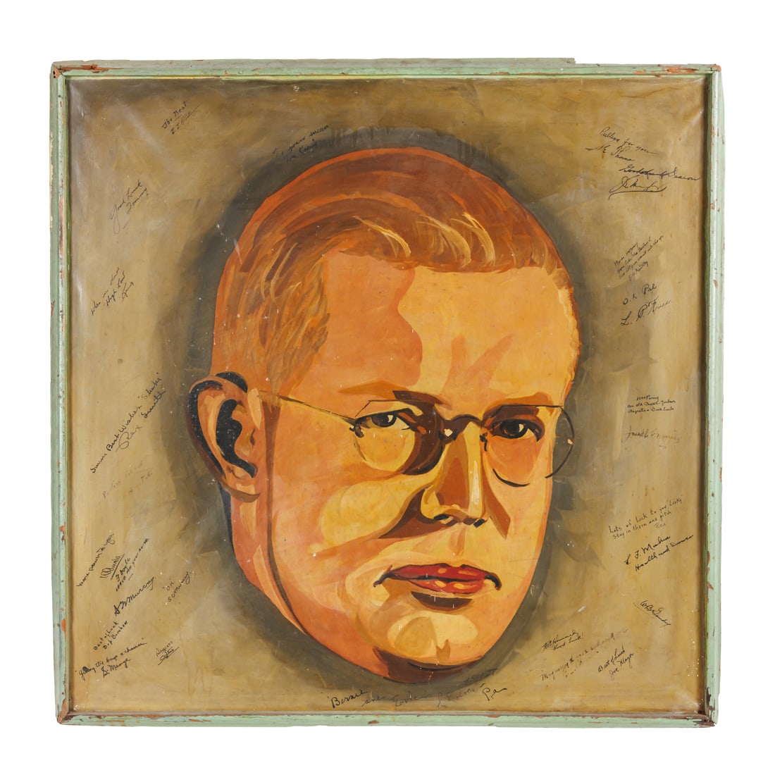 Large Folk Art Portrait of Baseball Player or Coach (America, ca. 1930): Large Folk Art Portrait of Baseball Player or Coach (America, ca. 1930). Portrait of an unknown man signed by friends and/or colleagues, two of whom refer to pitching. Oil on canvas mounted to wood. I