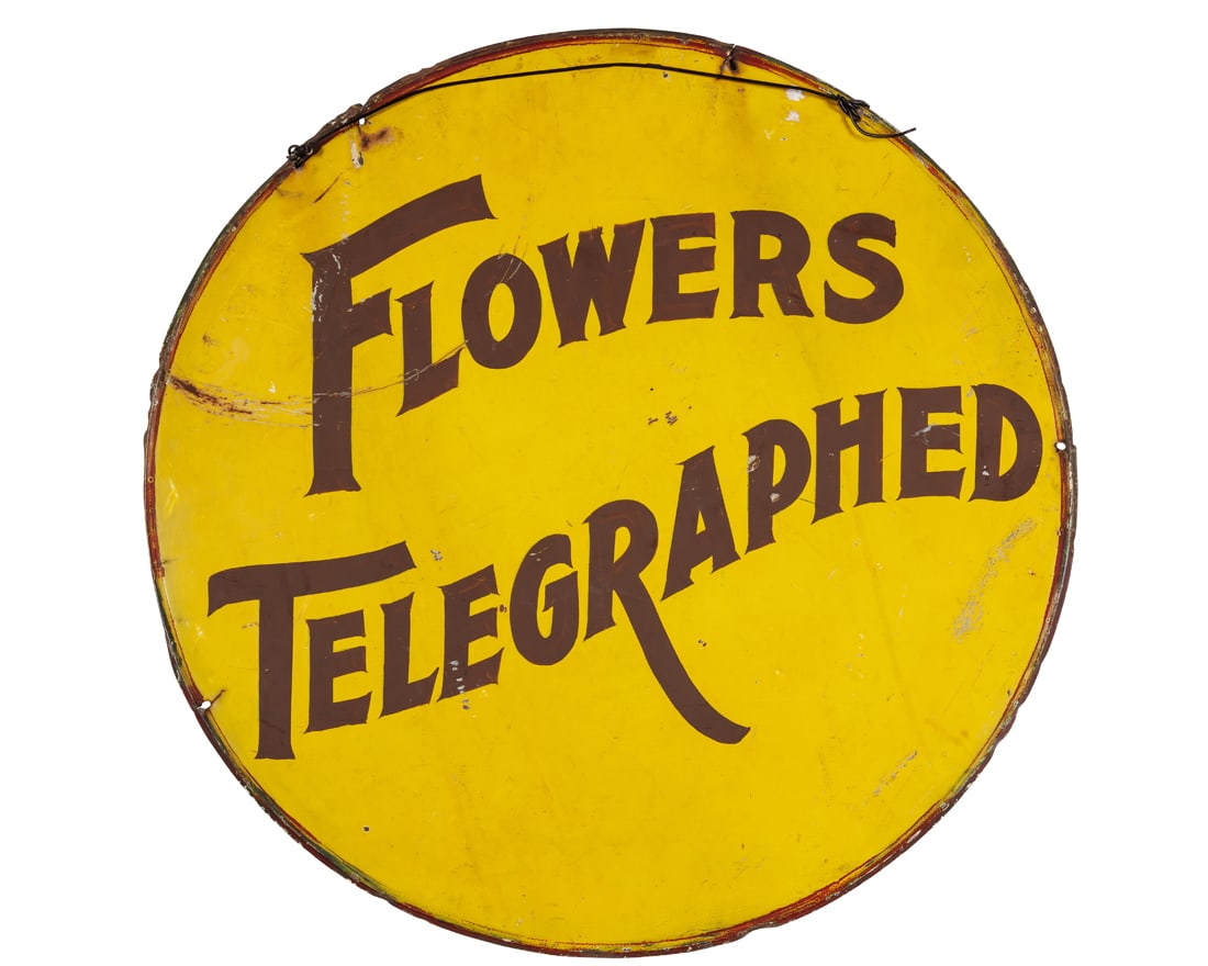 Flowers Telegraphed Painted Tin Sign (America, ca. 1930) (1 of 1)