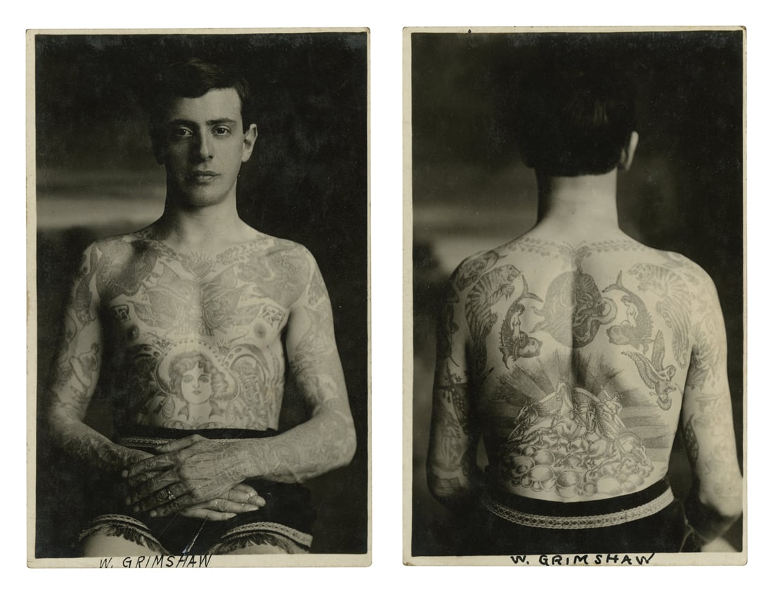 Postcards of Tattoo Artist William Grimshaw (Detroit, ca. 1913) 5 1/2 x 3 1/2 in. (14 x 8.9 cm.)