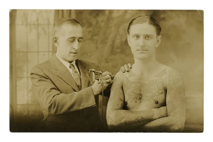 Postcard Of Tattoo Artist Lew "The Jew" Alberts, (New York, ca. 1930) 3 1/2 x 5 1/2 in. (8.9 x 14