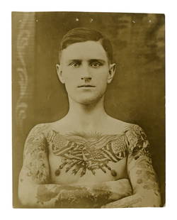 Photograph of Man Tattooed by Charlie Wagner and Lew Alberts (New York, ca. 1925) 4 1/2 x 3 1/2 in.: Photograph of Man Tattooed by Charlie Wagner and Lew Alberts(New York, ca. 1925)Depicting &quot;Sailor Phil&quot; Duda, also known as Phil Duane, tattooed by famed Bowery tattoo artists Lew Alberts (1