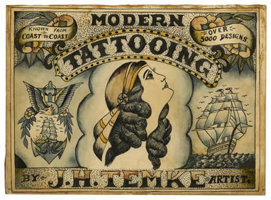 Tattoo Flash Shop Sign by J.H. Temke (Cincinnati, ca. 1920) 11 x 14 3/4 in. (27.9 x 37.5 cm.)