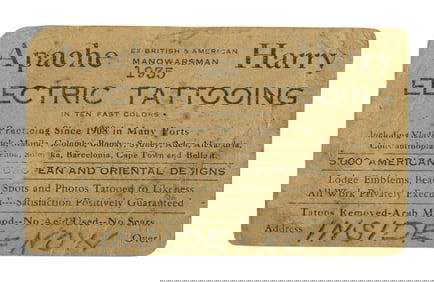 "Apache Harry" Tattoo Artist Oversize Business Card (New York, ca. 1935) 2 1/2 x 3 3/4 in. (6.4 x