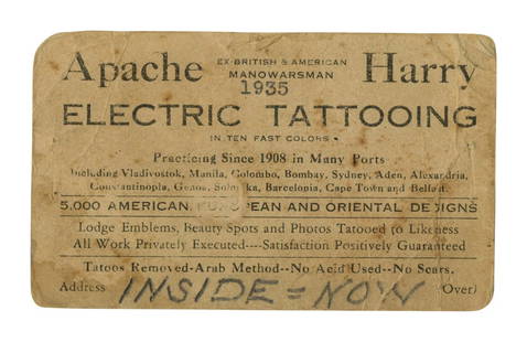 "Apache Harry" Tattoo Artist Oversize Business Card (New York, ca. 1935) 2 1/2 x 3 3/4 in. (6.4 x: "Apache Harry" Tattoo Artist Oversize Business Card (New York, ca. 1935) Used by Jewish tattoo artist John Henry Loryea Jr. (1892-1940), better known as "Apache Harry," Bowery,
