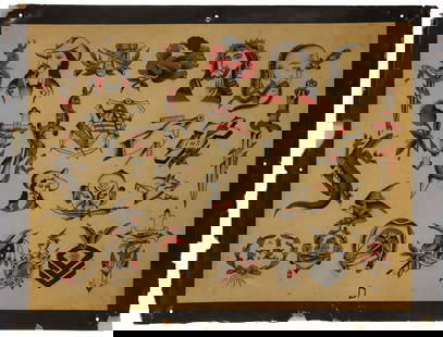 Buffalo Bill and Other Traditional Designs by Bowery Tattoo Artist (New York, ca. 1910) Overall: 17: Buffalo Bill and Other Traditional Designs by Bowery Tattoo Artist (New York, ca. 1910) Rare sheet of hand-painted tattoo flash likely sold through the supply company of famed Bowery tattoo artist