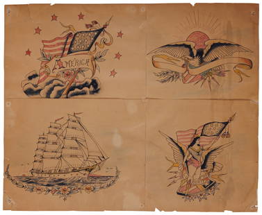 Patriotic Tattoo Designs by J.F. Barber (Detroit, ca. 1920) Overall: 16 x 19 1/2 in. (40.6 x 49.5: Patriotic Tattoo Designs by J.F. Barber (Detroit, ca. 1920) Four sheets of hand-painted tattoo flash by Jesse Frederick Barber (1879-1970), Detroit, Michigan, ca. 1921. Stamped on reverse "From