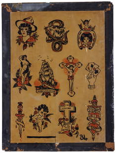 "Until Death Do Us Part" and Other Traditional Tattoo Designs by Fred Baldwin (Halifax, ca. 1940) 21: "Until Death Do Us Part" and Other Traditional Tattoo Designs by Fred Baldwin (Halifax, ca. 1940) Sheet of hand-painted tattoo flash by English-Canadian tattoo artist Frederick A. Baldwin