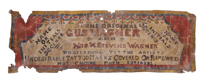 Gus and Maud Wagner Tattoo Artists Sideshow Banner (America, ca. 1905) 12 x 36 1/2 in. (30.5 x 92.7