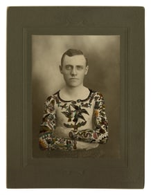 Exceptional Painted Cabinet Photograph of Man Tattooed by Gus Wagner (Marietta, OH, 1902) 8 x 6 in.