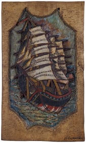 Carved Three-Masted Ship by Tattoo Artist Gus Wagner (Kansas, ca. 1925) 21 1/2 x 13 x 1 in. (54.6 x