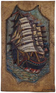 Carved Three-Masted Ship by Tattoo Artist Gus Wagner (Kansas, ca. 1925) 21 1/2 x 13 x 1 in. (54.6 x: Carved Three-Masted Ship by Tattoo Artist Gus Wagner(Kansas, ca. 1925)Exceptional hand-carved and painted three-masted ship with American flag by Gus Wagner (1872-1941), probably Clements, Kansas, ca.