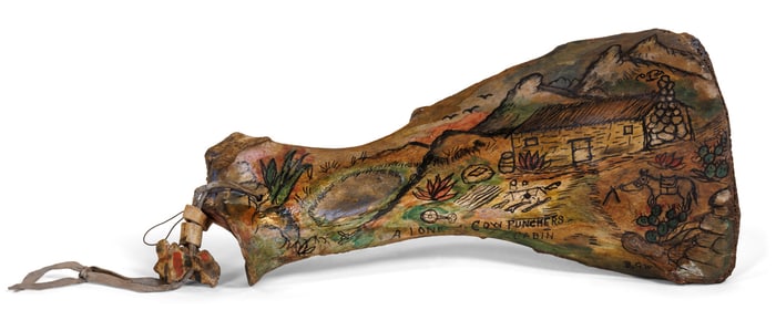 Cowpuncher's Cabin Painted Bone by Tattoo Artist Gus Wagner (Kansas, ca. 1925) 3 3/4 x 17 1/4 x 8