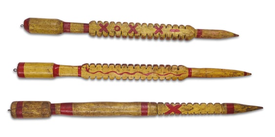 Carved and Painted Devil Sticks by Tattoo Artist Gus Wagner (Kansas, ca. 1925) Longest: 24 1/2 in.