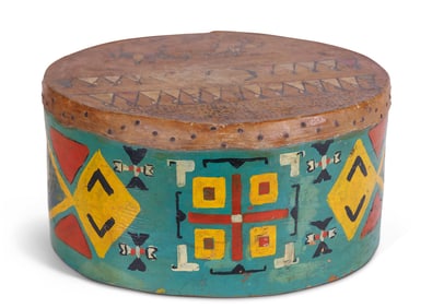 Native American Drum by Tattoo Artist Gus Wagner (Kansas, ca. 1925) 7 1/2 x 15 in. (19.1 x 38.1 cm.)